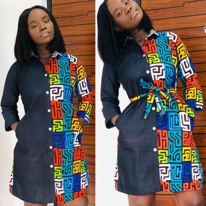 Denim x Ankara Panel Shirt Dress
