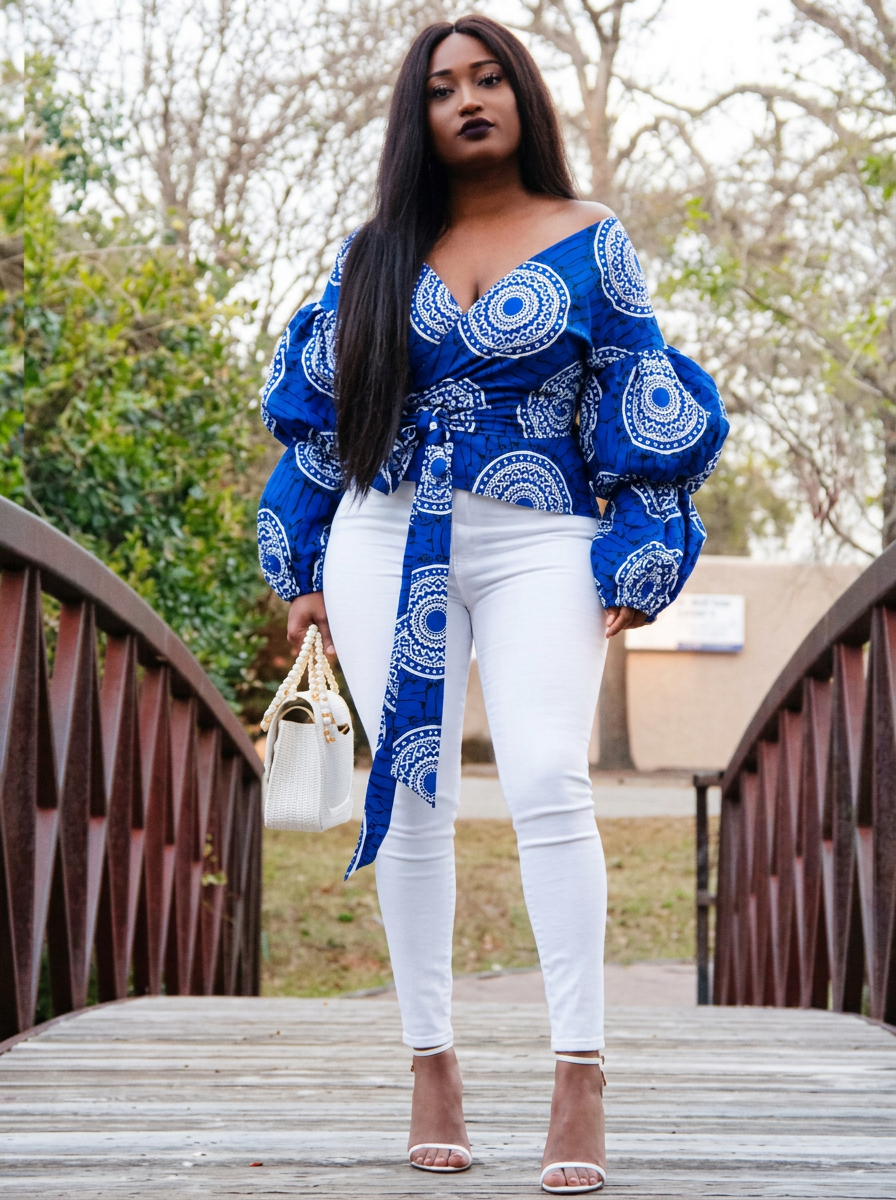 Royal Blue Puff-Sleeve Wrap Blouse