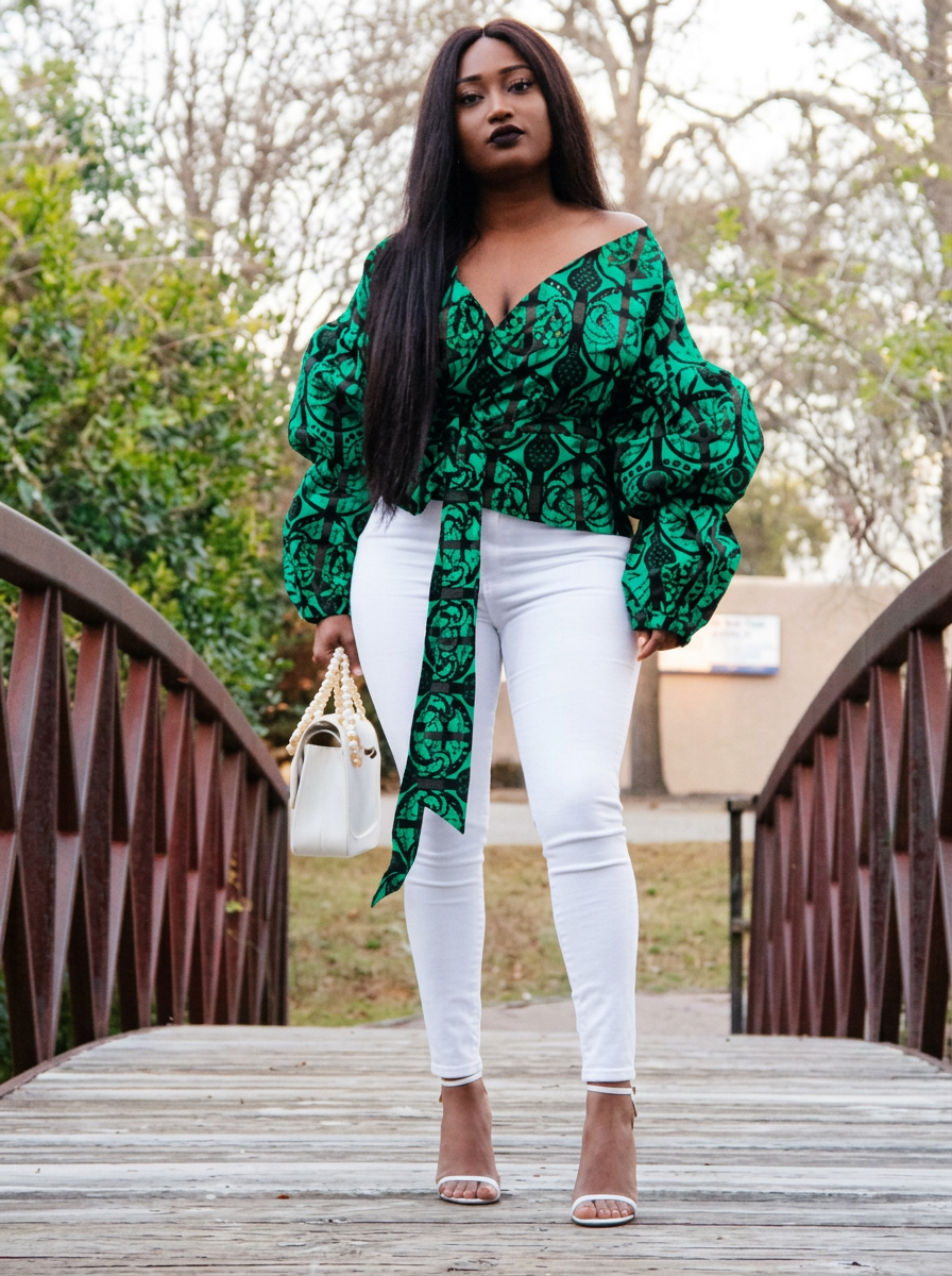 Emerald Puff-Sleeve Wrap Blouse