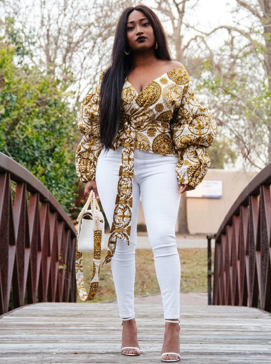 Ivory Gold Puff-Sleeve Wrap Blouse