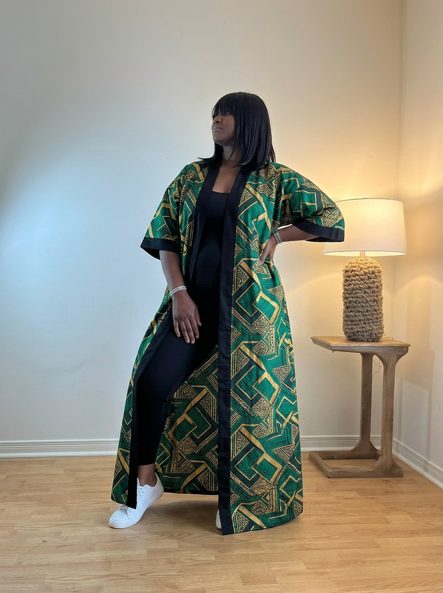 Emerald Gold Long Kimono Robe
